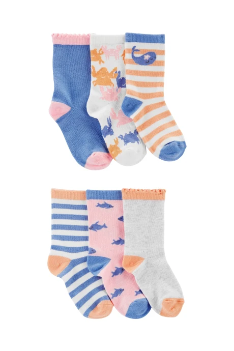 Pack seis pares de medias a rayas con animales marinos. Talles 4-14 Sin color