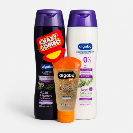 PACK 0% SAL SHAMPOO ALGABO 750 ML + ACO. ALGABO 750 ML ACAI & ROMERO + GEL PACK 0% SAL SHAMPOO ALGABO 750 ML + ACO. ALGABO 750 ML ACAI & ROMERO + GEL