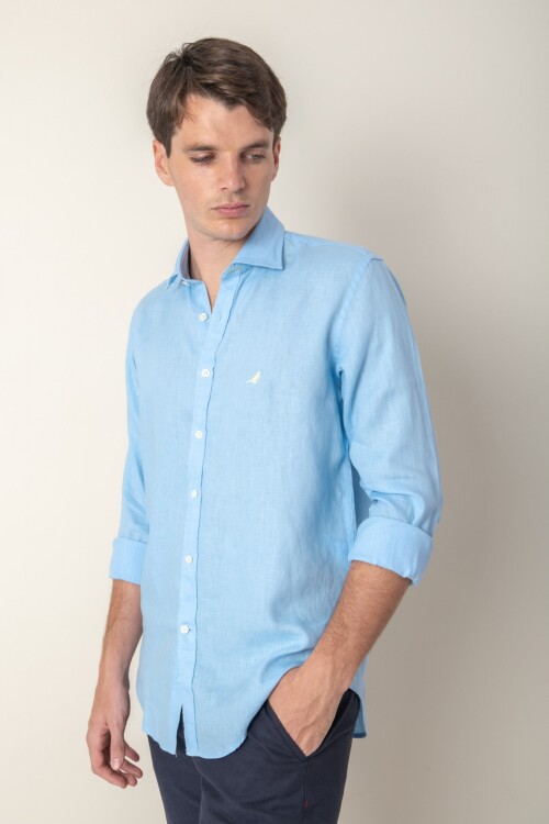 Camisa short collar lino Celeste
