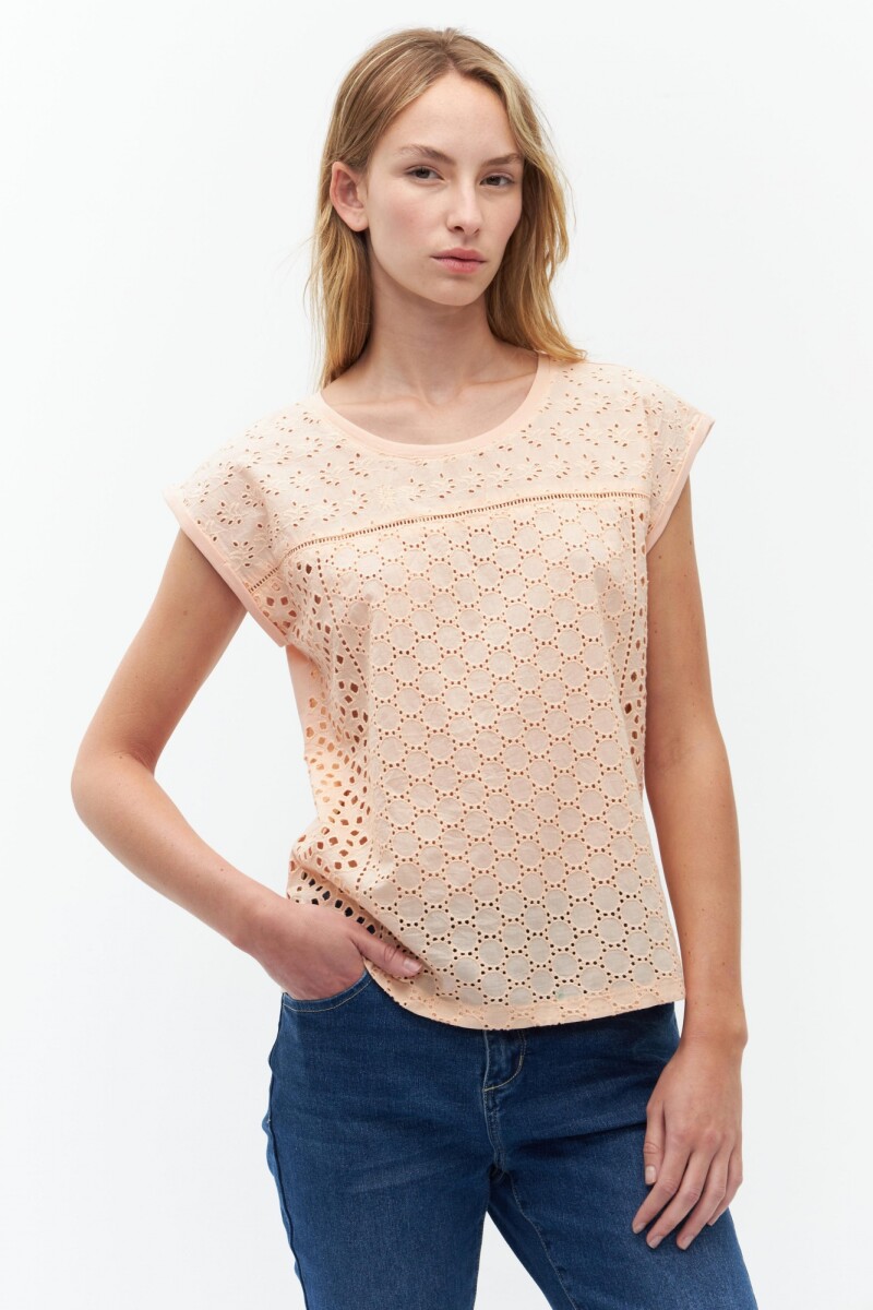 Blusa escote base con broderie - rosa pastel 