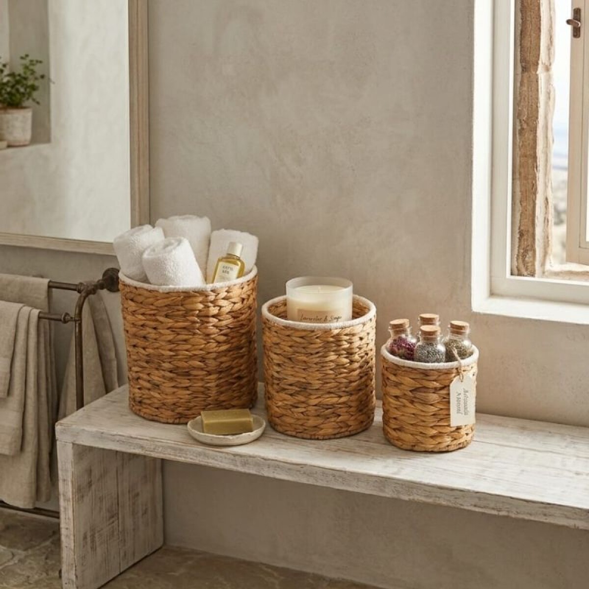 SET DE 3 CANASTOS MULTIUSO - EN RATAN CON CORDON 