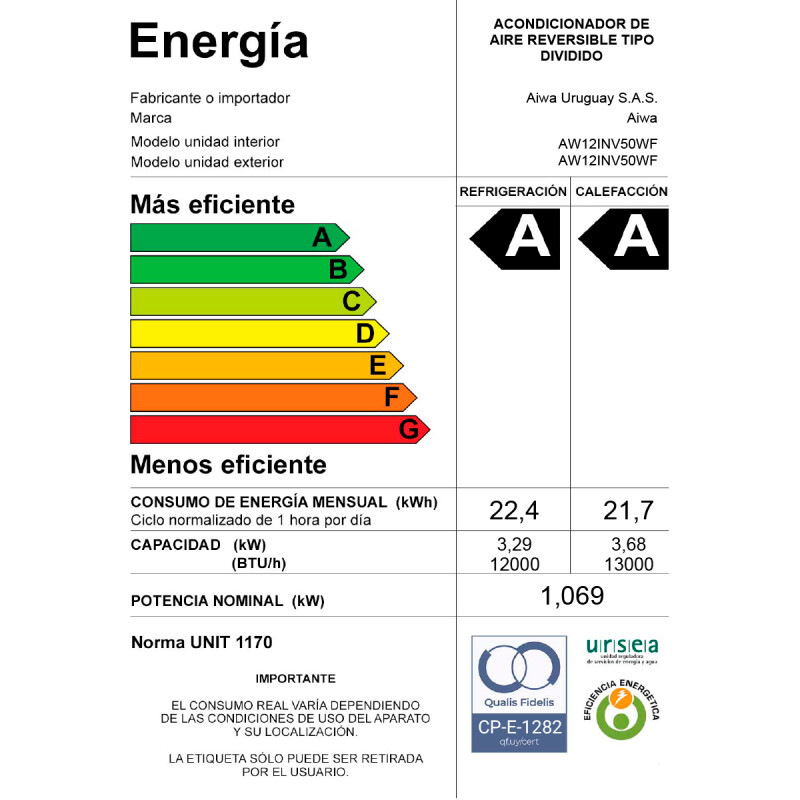 Aire Acondicionado AIWA 12000 BTU con WiFi Inverter Split Frío/Calor Eficiencia A | AW12INV50WF Aire Acondicionado AIWA 12000 BTU con WiFi Inverter Split Frío/Calor Eficiencia A | AW12INV50WF