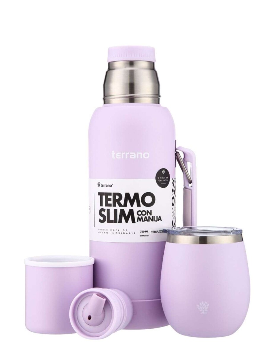 Kit Termo 750Ml. Slim Con Manija + Mate De Acero Con Tapa - Lila 