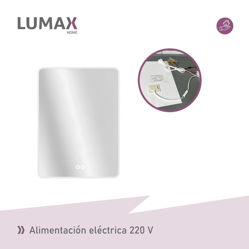Espejo Vertical Lumax c/marco desempañador y Luz 90x70cm Blanco