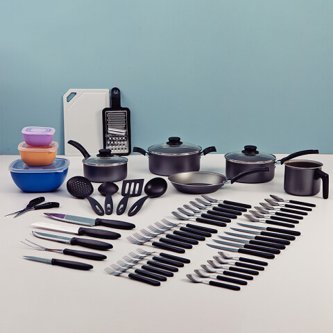 Kit De Cocina Tramontina 56 Piezas Ollas Cubiertos Teflon Grafito TR6272ML