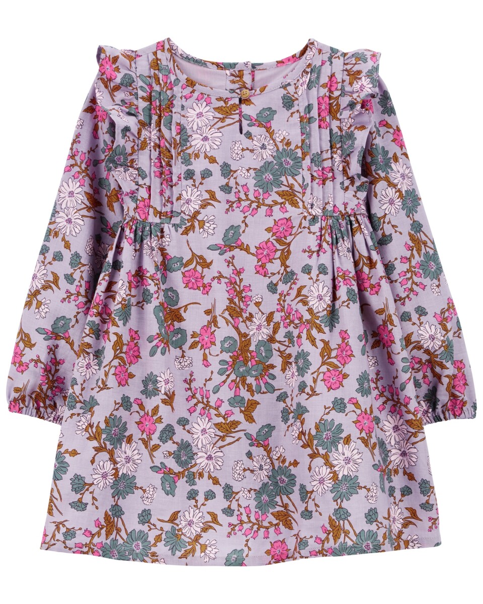 Vestido de algodón, con pliegues, diseño floral. Talles 2-5T 