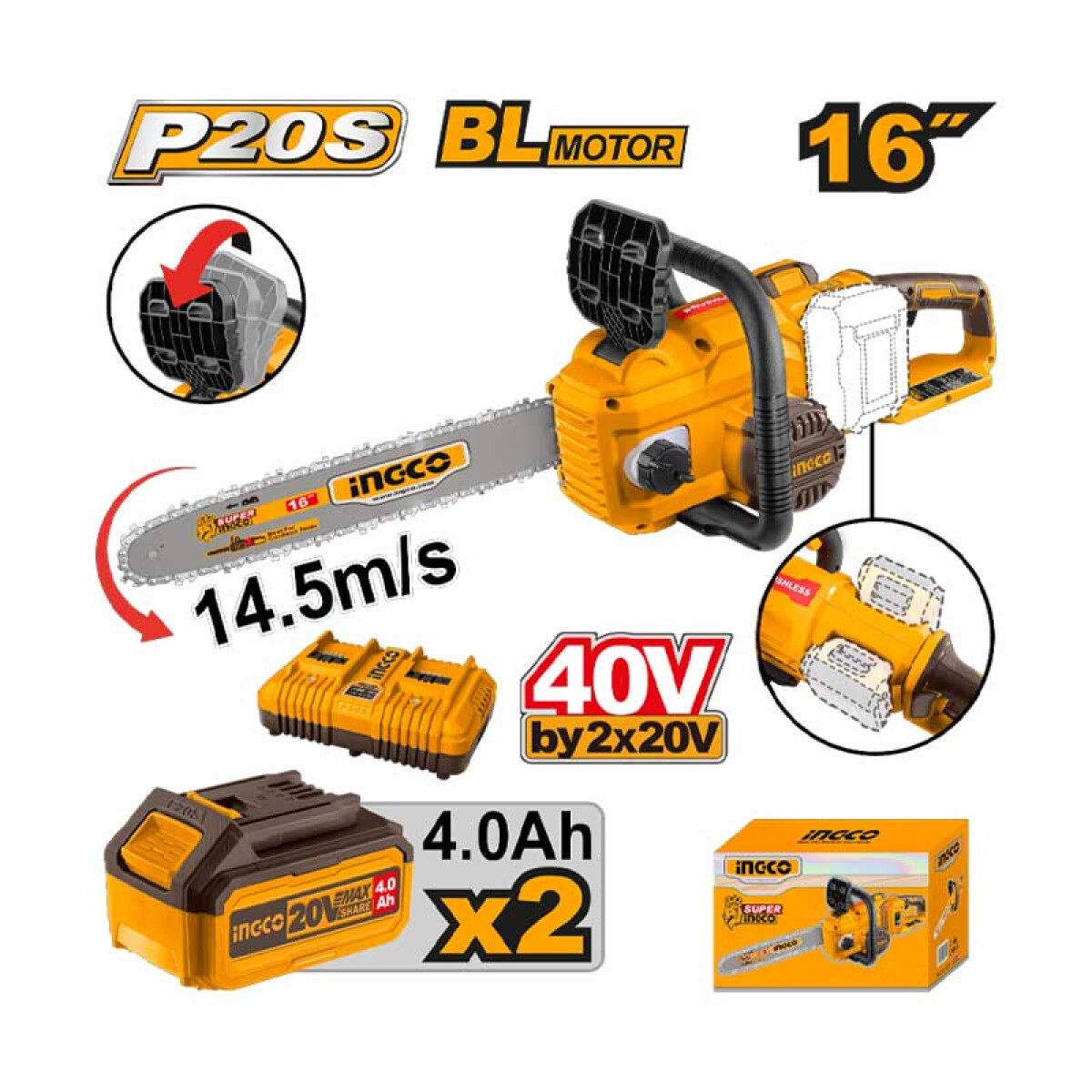 Motosierra 16" 40V con 2 baterías y cargador - ING1006 
