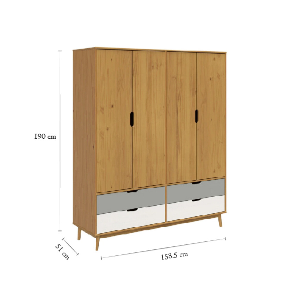 Ropero - 4 Puertas - 4 Cajones - Línea Nórdica Roble/Gris claro/Blanco