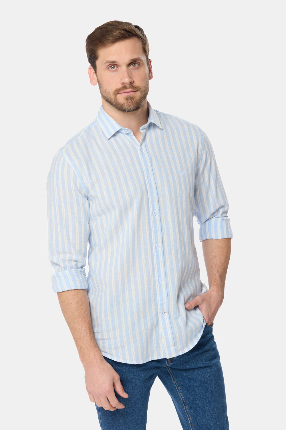CAMISA RAYADA DE LINO Celeste