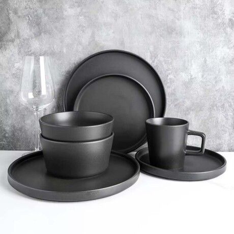 Juego de Vajilla Cerámica 16 Piezas Platos Bowls Tazas 325ml Negro