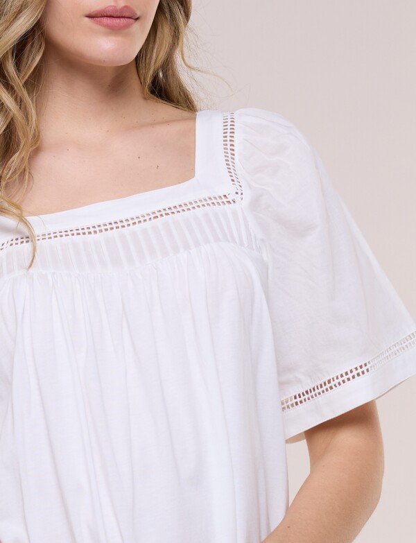 Blusa Holgada Escote Cuadrado Con Puntilla Calada BLANCO