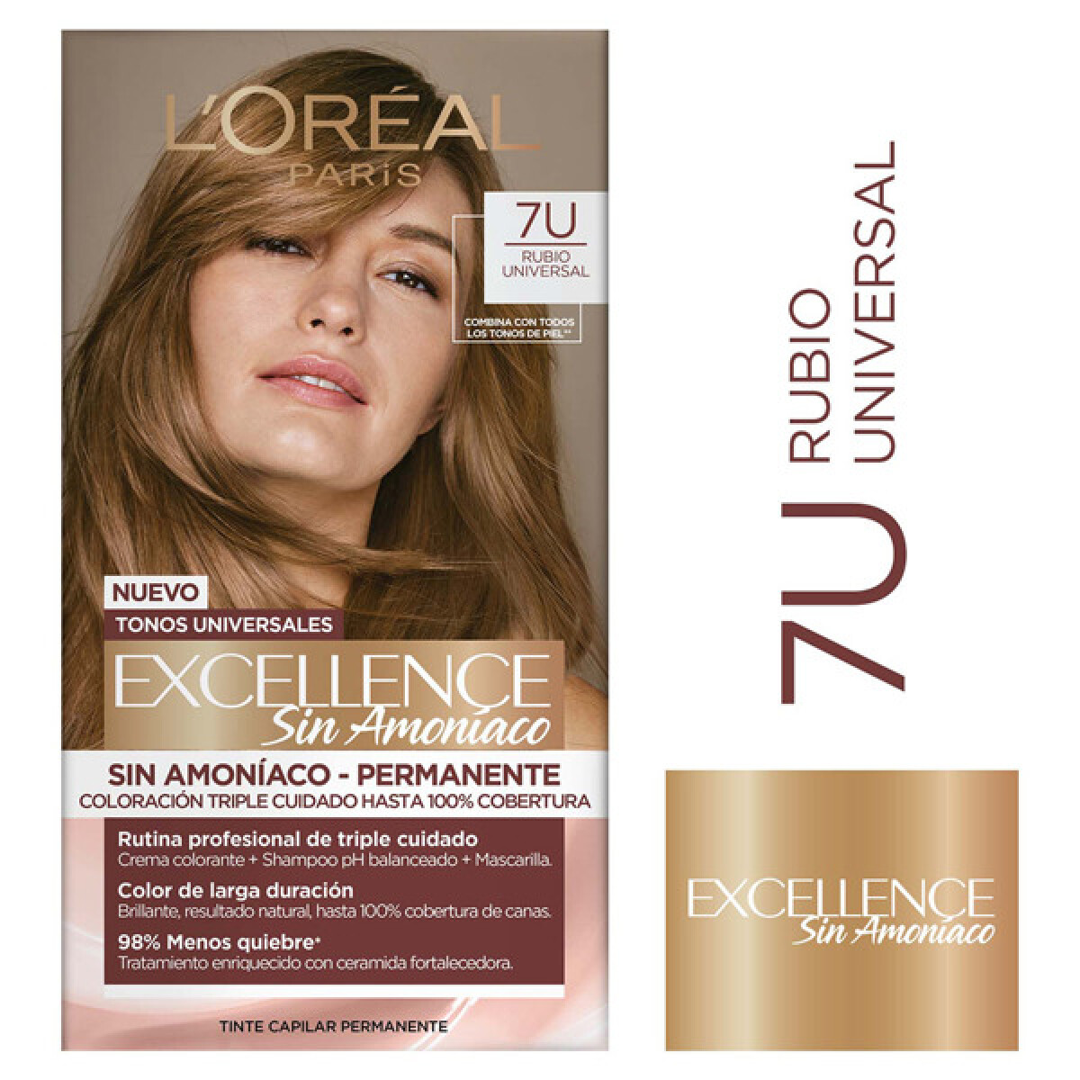 Tinta L’Oréal Excellence Sin Amoníaco N°7U Rubio Universal – Color Natural y Protección del Cabello
