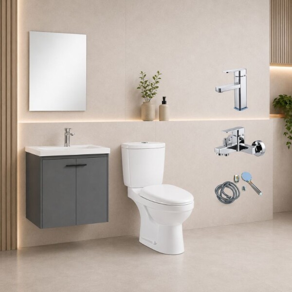 COMBO DE BAÑO INODORO CON MOCHILA + GRIFERIA DE DUCHA Y LAVATORIO + MUEBLE 60 CM CON MESADA DE LOZA Y ESPEJO COMBO DE BAÑO INODORO CON MOCHILA + GRIFERIA DE DUCHA Y LAVATORIO + MUEBLE 60 CM CON MESADA DE LOZA Y ESPEJO