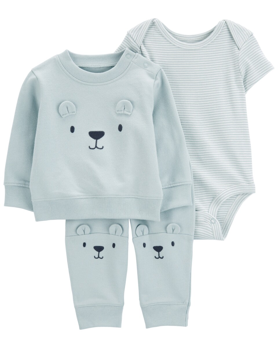 Set tres piezas de algodón, pantalón, buzo y body, diseño oso 