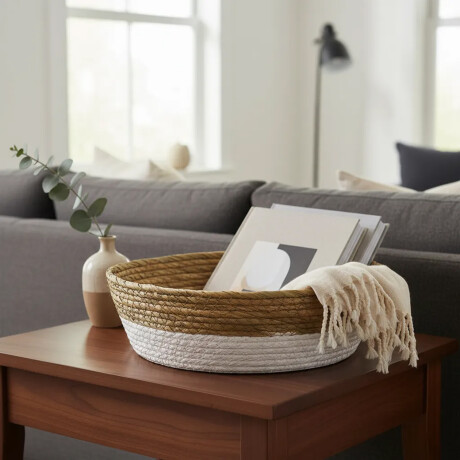 Cesto Canasto de Fibra Natural Paramount Decoración Ø30x9Cm Blanco