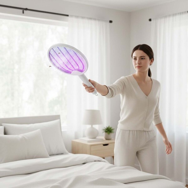 Raqueta Eléctrica Mata Mosquitos Insectos Recargable 2 En 1 Color Blanco