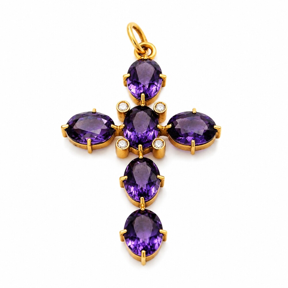Cruz Oro 18K Con Amatistas Y Diamantes Cruz Oro 18K Con Amatistas Y Diamantes