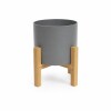 MACETA CERÁMICA M CON SOPORTE DE MADERA GRIS OSCURO