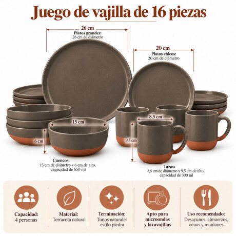 Juego Vajilla 16 Piezas Ala Recta Cerámica Moderna Elegante Marrón