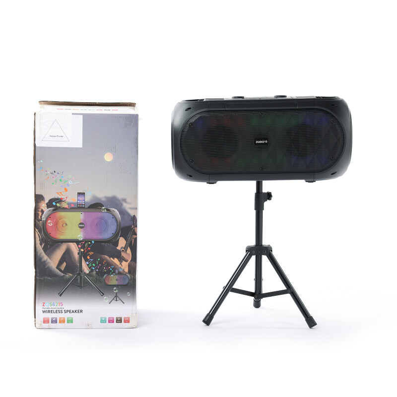 Parlante portatil bluetooth ZQS6215 luces horizontal con tripode, micrófono Parlante portatil bluetooth ZQS6215 luces horizontal con tripode, micrófono