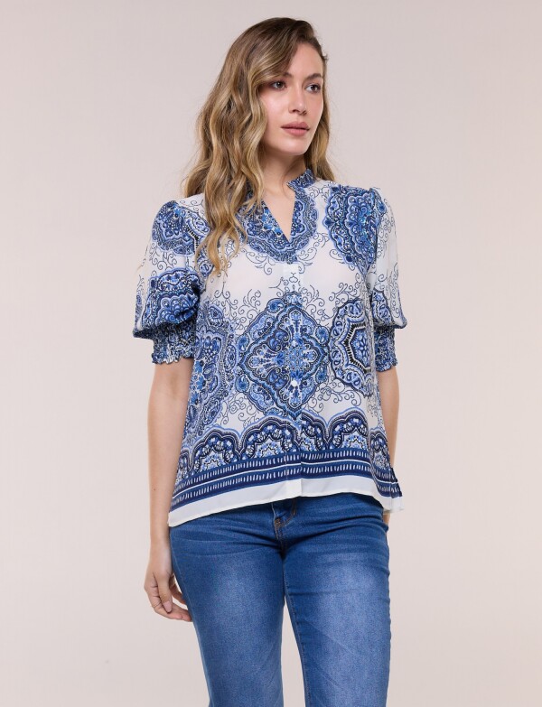 Blusa Crepé Con Mangas Abullonadas BLANCO/AZUL