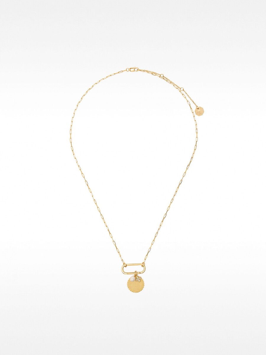 Collar De Eslabones Con Medalla Y Perla De Agua Dulce - Plata De Ley 925 dorado