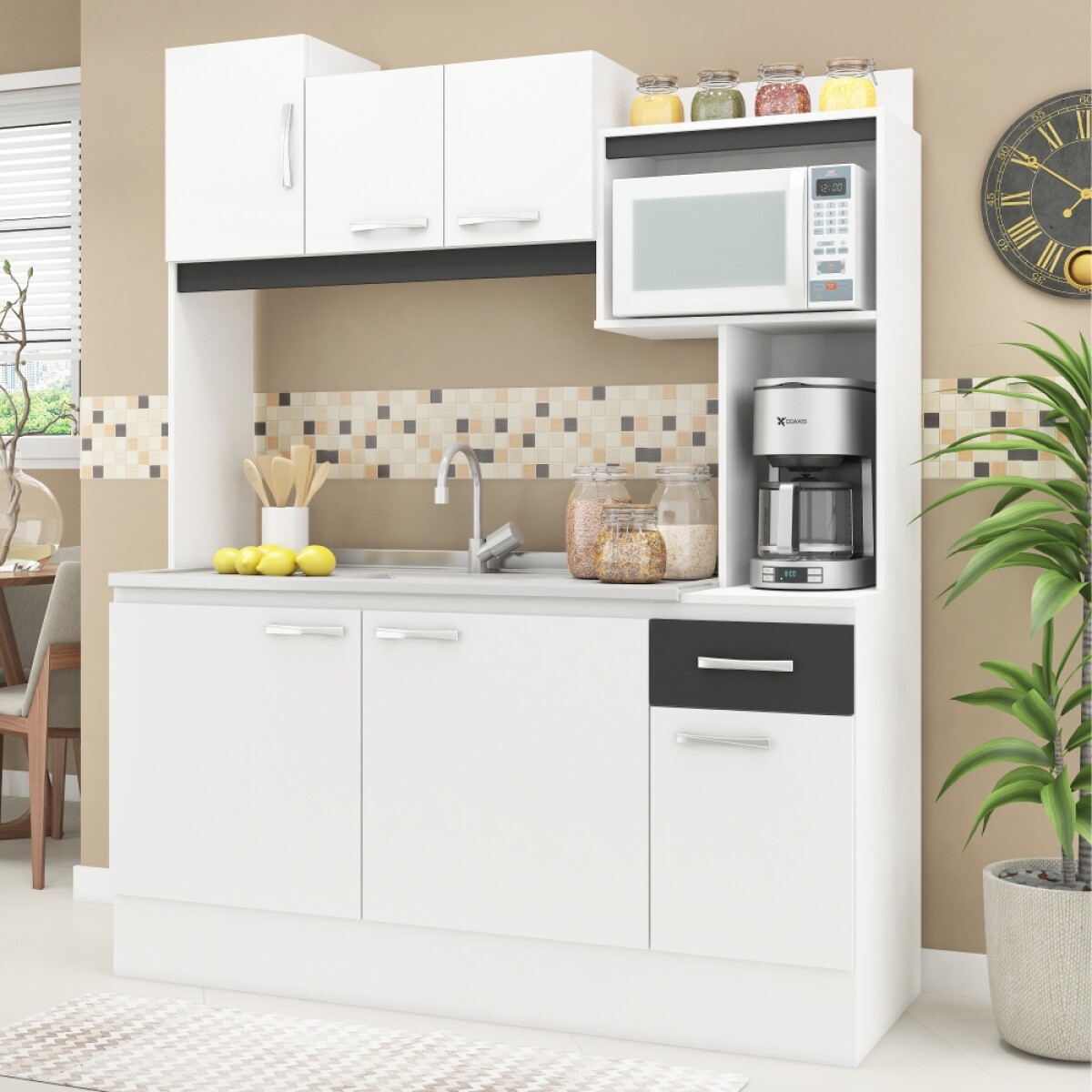 [OUTLET] Kit de cocina compacta 6 puertas 1 cajón Patas Ajustables y Rieles Metálicos 150 x 50 x 190 cm 