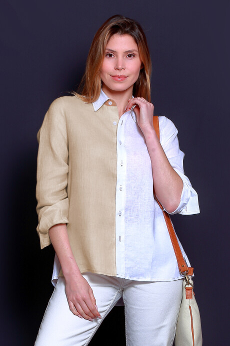 Camisa Suspiro en Lino Combinada Beige Oscuro con Blanco