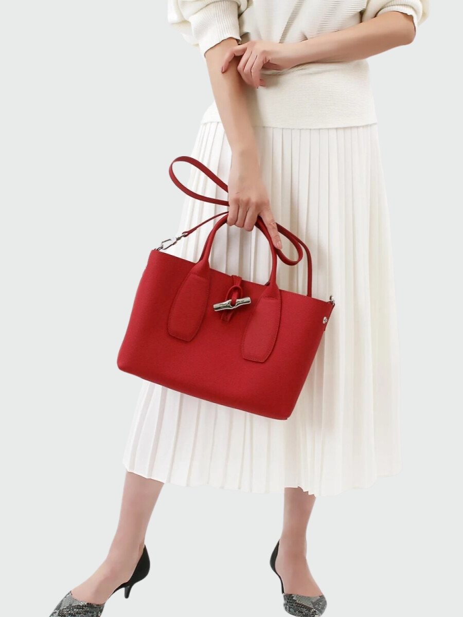 Longchamp -Cartera de cuero con gran capacidad, Roseau - Rojo 