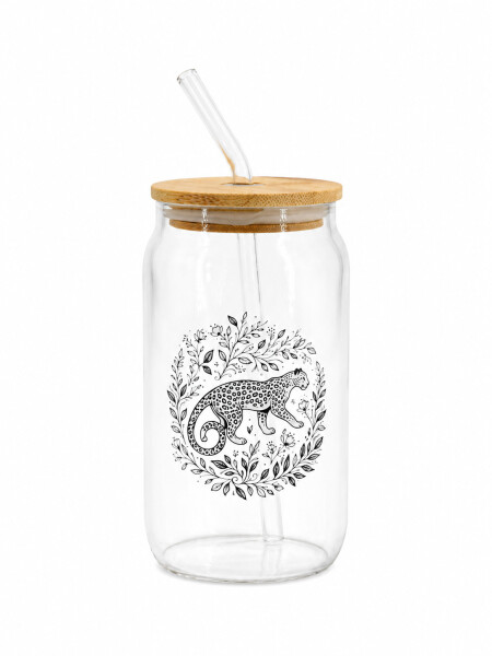 VASO VIDRIO CON SORBITO Y LEOPARDO 470ML NEGRO