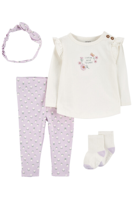Set cuatro piezas de algodón, pantalón, remera, medias y vincha, diseño floral Sin color