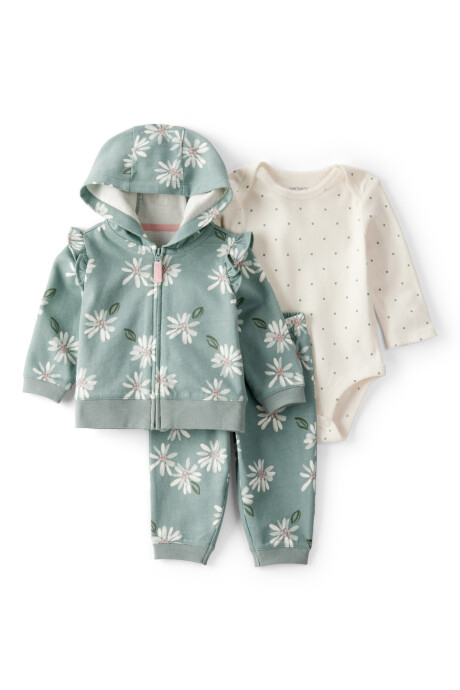 Set tres piezas de algodón, campera, pantalón y body, diseño floral Sin color