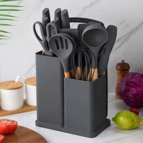 Set Utensilios Cocina 19Pz + Escurridor Ac.Inox Sobre Mesada Gris