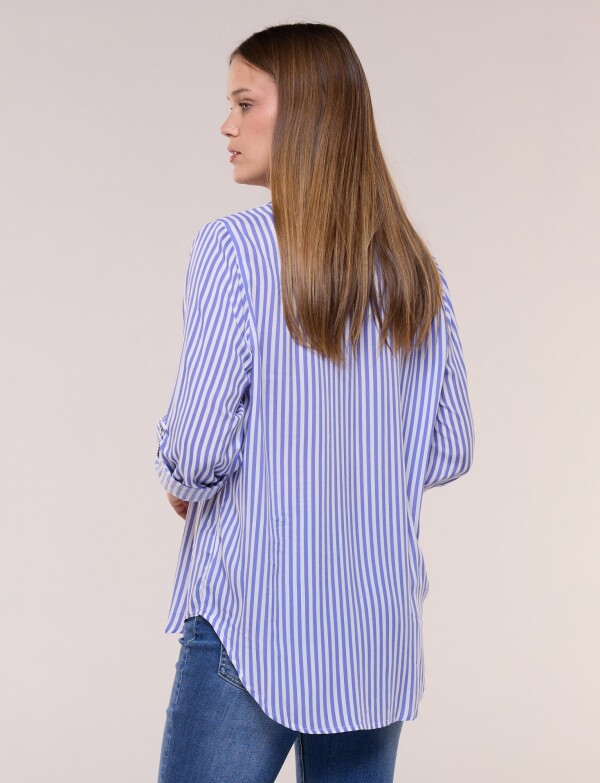 Camisa Clásica Rayada Con Mangas Arremangables AZUL