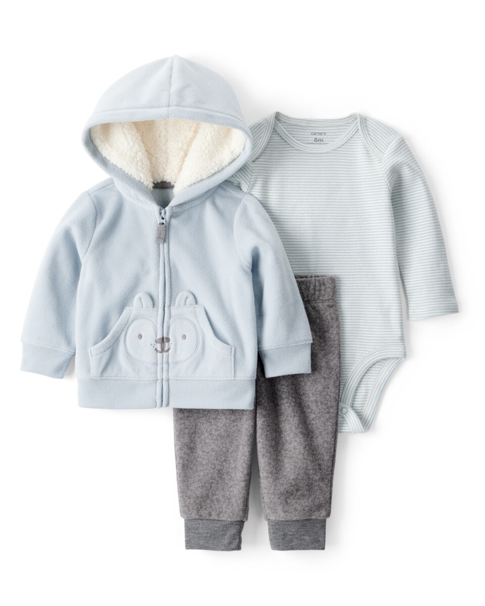 Set tres piezas, campera y pantalón de micropolar más body, estampa zorro 
