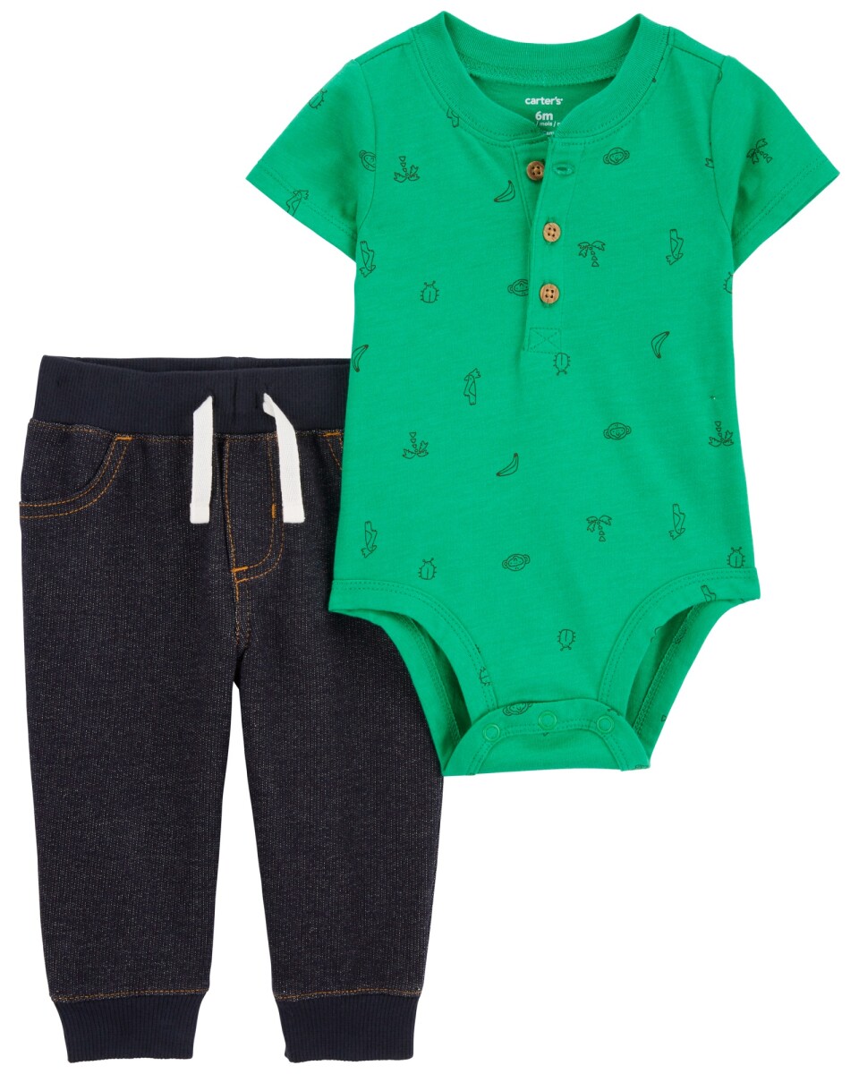 Set dos piezas, pantalón jean y body diseño tropical 