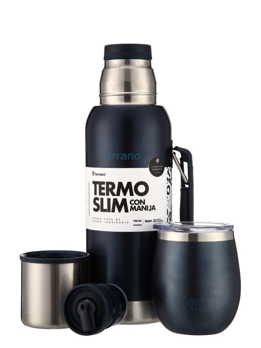 Kit Termo 750mL. Slim con Manija + Mate de Acero con Tapa - Azul Metalizado 