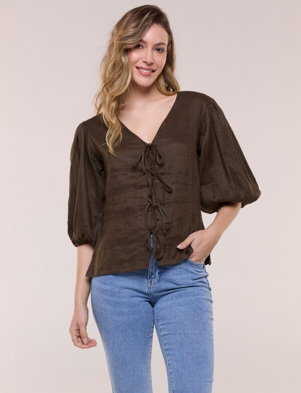 Blusa Lino Con Lazos OLIVA
