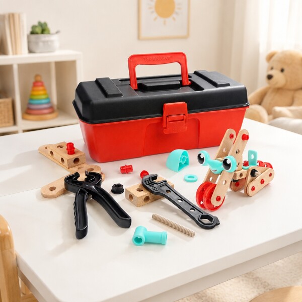 Set Caja Herramientas Construcción Infantil Madera 30cm Rojo 1