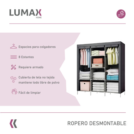 Ropero de 8 Estantes Desmontable de Caño y Tela TNT 175x45x130 Gris