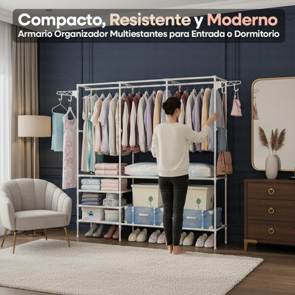 Perchero Organizador Ropero IMBACK IBK-PER009 | 160 cm, Estructura Metálica Reforzada, 8 Estantes y Colgador de Ropa Blanco Perchero Organizador Ropero IMBACK IBK-PER009 | 160 cm, Estructura Metálica Reforzada, 8 Estantes y Colgador de Ropa Blanco