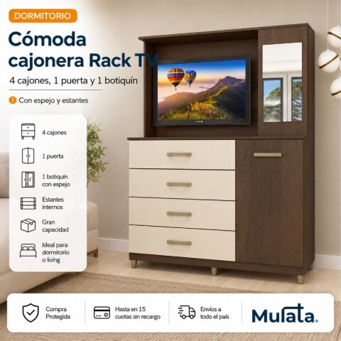 Comoda Cajonera Rack TV de 4 cajones 1 puerta 1 Botiquín con Espejo y Estantes para Dormitorio o Living - FE - R/Champan Comoda Cajonera Rack TV de 4 cajones 1 puerta 1 Botiquín con Espejo y Estantes para Dormitorio o Living - FE - R/Champan
