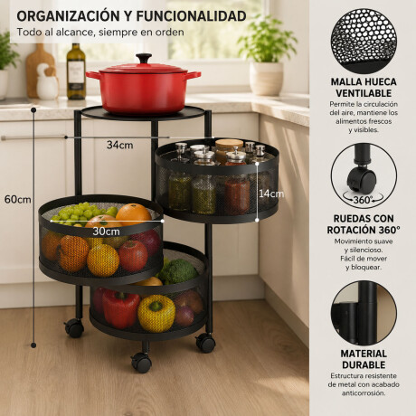 Carrito Organizador 3 Niveles Metal Cocina Hogar Negro