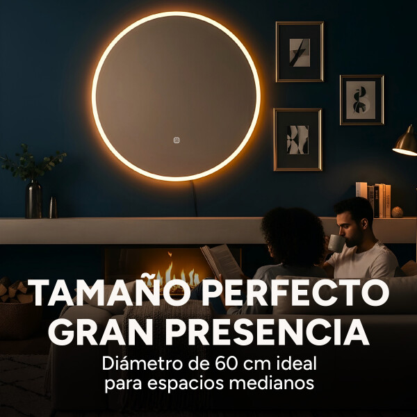 Espejo Redondo Baño Táctil 3 Modos Luz Retroiluminado 60 Cm Circular