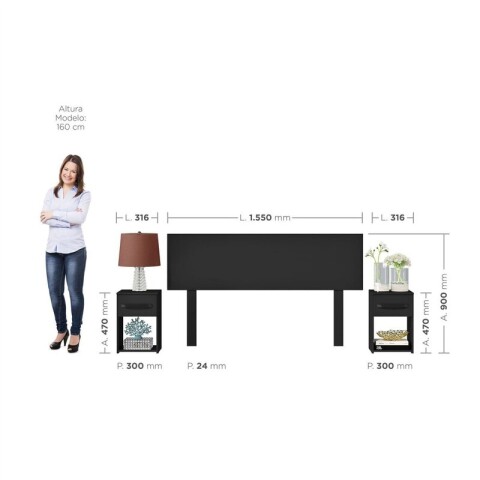 Combo Respaldo, 2 Mesas de Luz y Cómoda - MDP - Negro Combo Respaldo, 2 Mesas de Luz y Cómoda - MDP - Negro