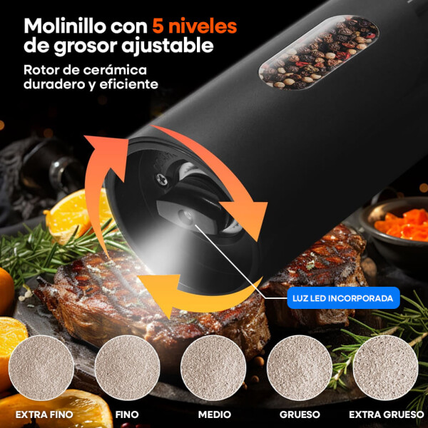 Salero Pimentero Molinillo Electrico de Acero Inoxidable y Luz led IMBACK Color Negro Salero Pimentero Molinillo Electrico de Acero Inoxidable y Luz led IMBACK Color Negro