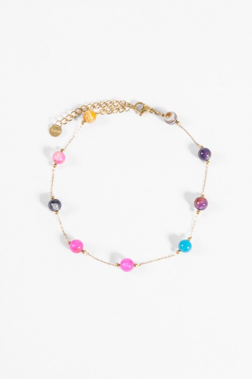 Tobillera acero cuentas piedra dorado