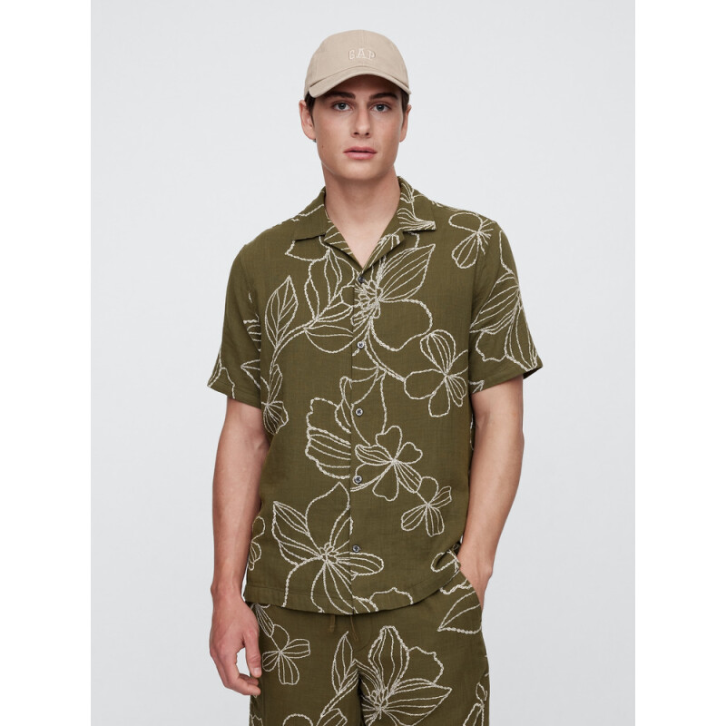 V-SS TEXTURE RESORT COLLAR SP OLIVE FLORAL SU25