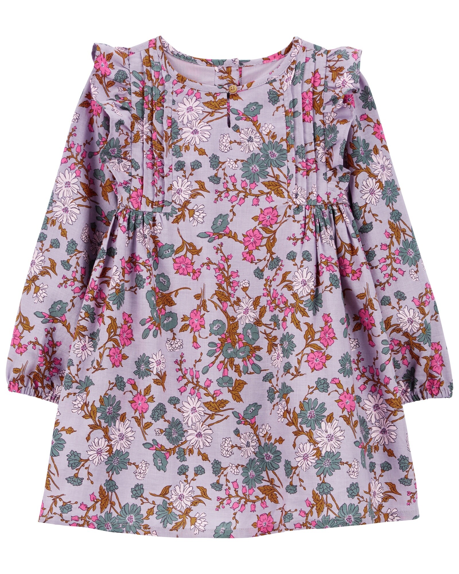 Vestido de algodón, con pliegues, diseño floral. Talles 2-5T Sin color