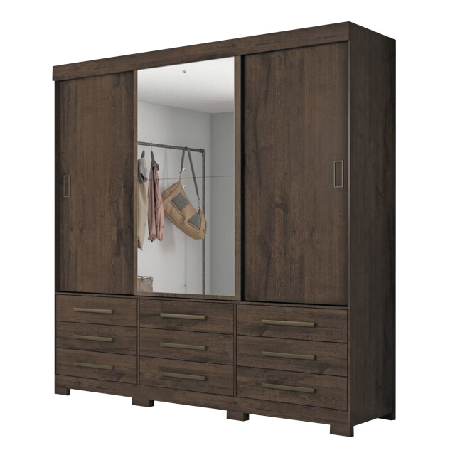 ROPERO 3 PUERTAS CORREDIZAS CON ESPEJO 9 CAJONES GUARDARROPA ARMARIO PLACARD CLOSET MARRON